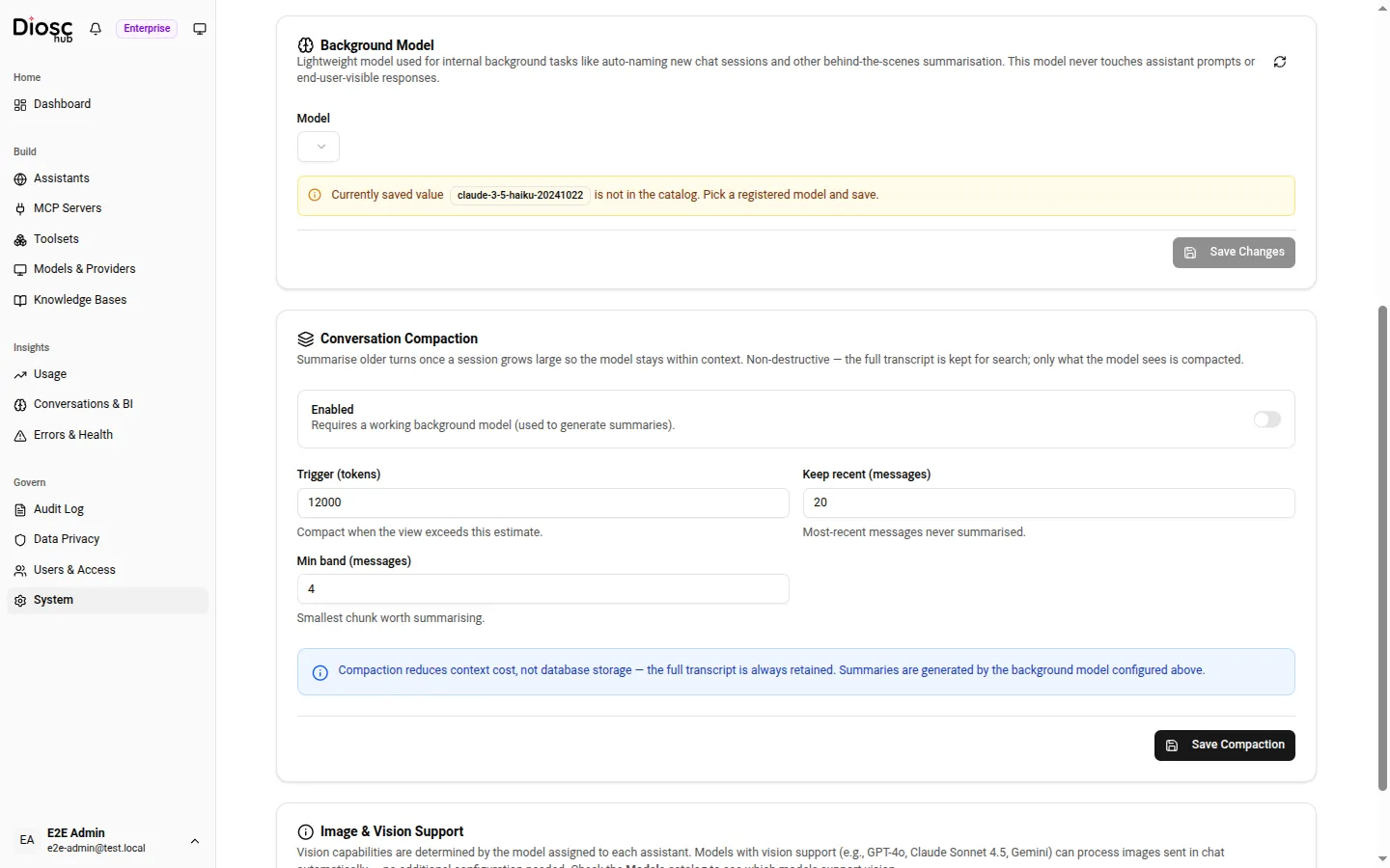 The System → General tab showing the Background Model selector and the Conversation Compaction card.